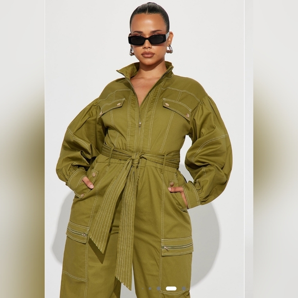 Olive Green Utility Jumpsuit - Picture 2 of 3